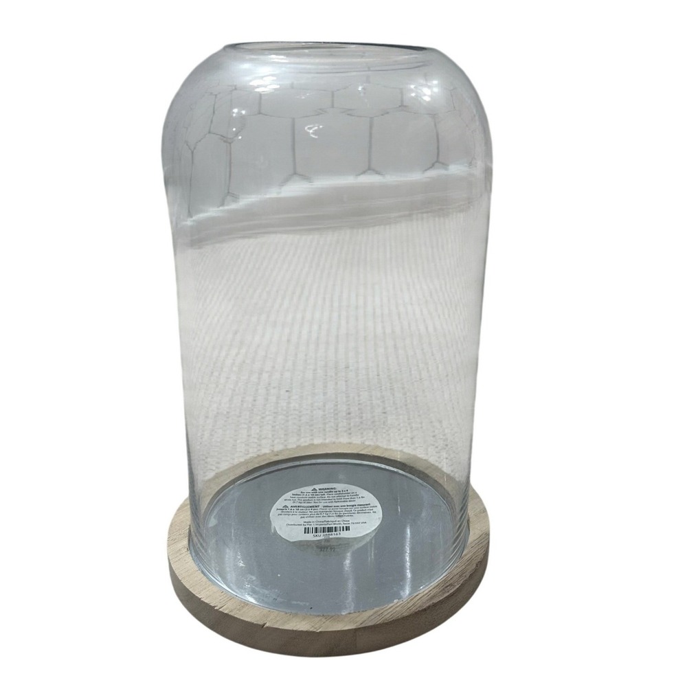 Pier 1 Glass Hurricane Candle Holder with Wood Base Open Top Cloche 7.5in